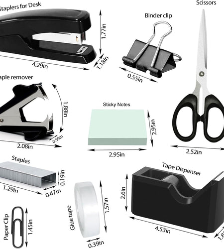 Black Desk Organizer Set, Office Supplies with Stapler and Tape Dispenser | Includes Desk Drawer Organizer,Tape, Staples, Staple Remover, Paper Clips, Scissors and Sticky Notes for a Neat Workspace