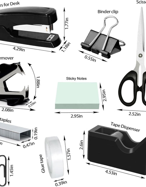 Load image into Gallery viewer, Black Desk Organizer Set, Office Supplies with Stapler and Tape Dispenser | Includes Desk Drawer Organizer,Tape, Staples, Staple Remover, Paper Clips, Scissors and Sticky Notes for a Neat Workspace
