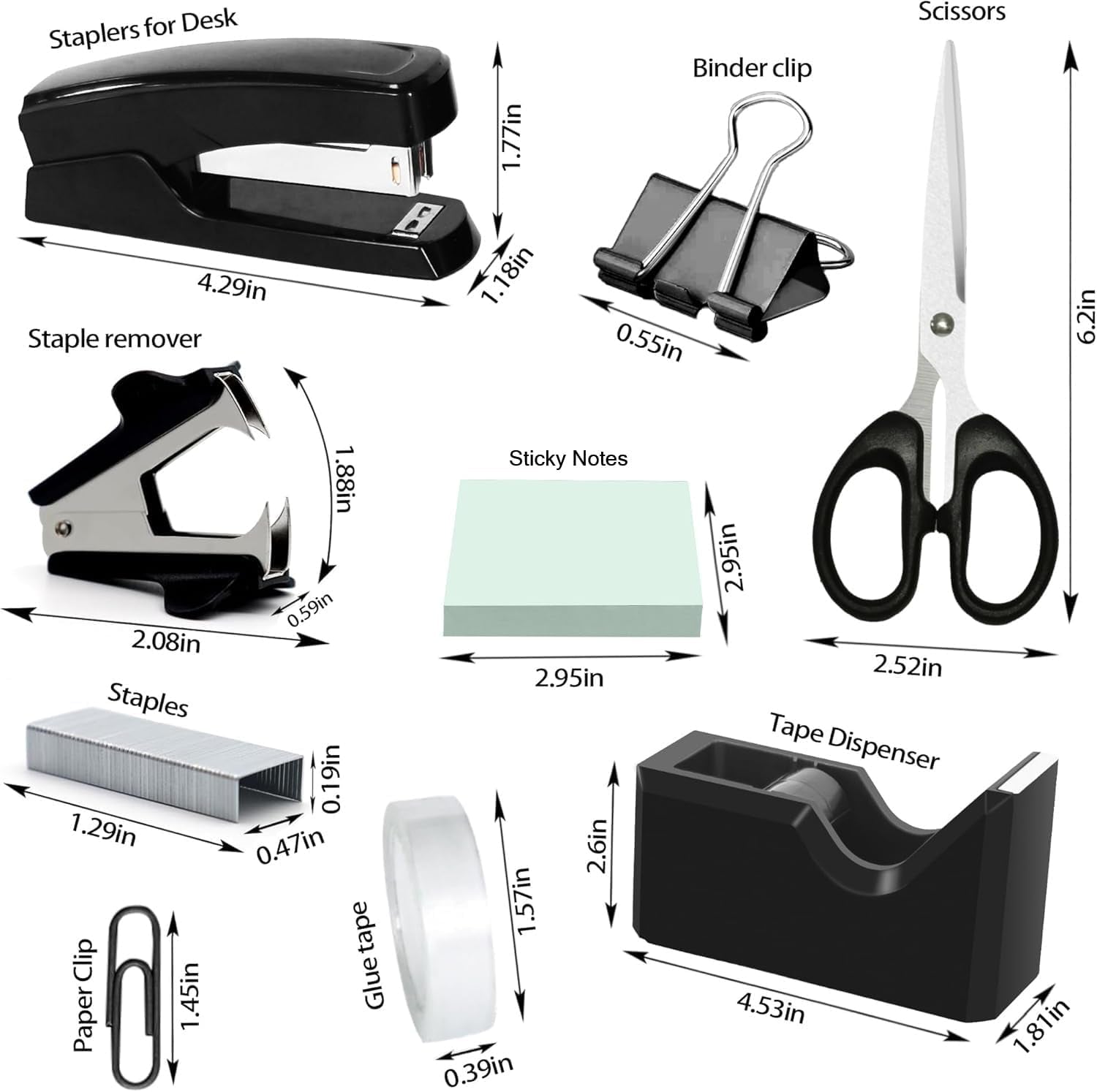 Black Desk Organizer Set, Office Supplies with Stapler and Tape Dispenser | Includes Desk Drawer Organizer,Tape, Staples, Staple Remover, Paper Clips, Scissors and Sticky Notes for a Neat Workspace