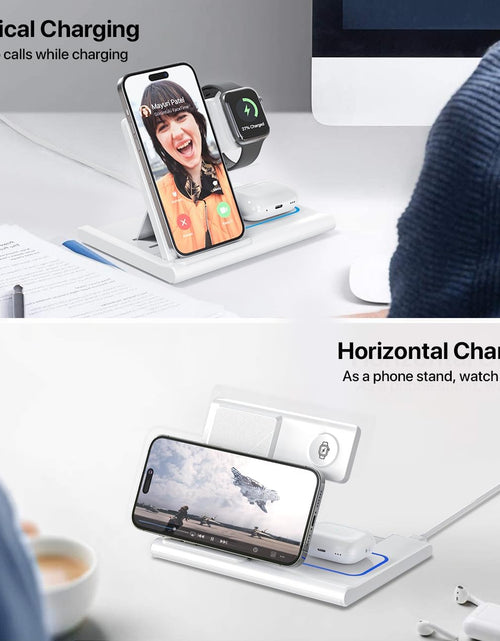 Load image into Gallery viewer, 3 in 1 Fast Charging Station, Folding Travel Wireless Charger Stand for Iphone 15,14,13,12,11/Pro/Max/Plus,X,Xr,Xs/Max,Se,8/Plus,Apple Watch 1-8,Airpods 3/2/Pro(No Adaptor，White)
