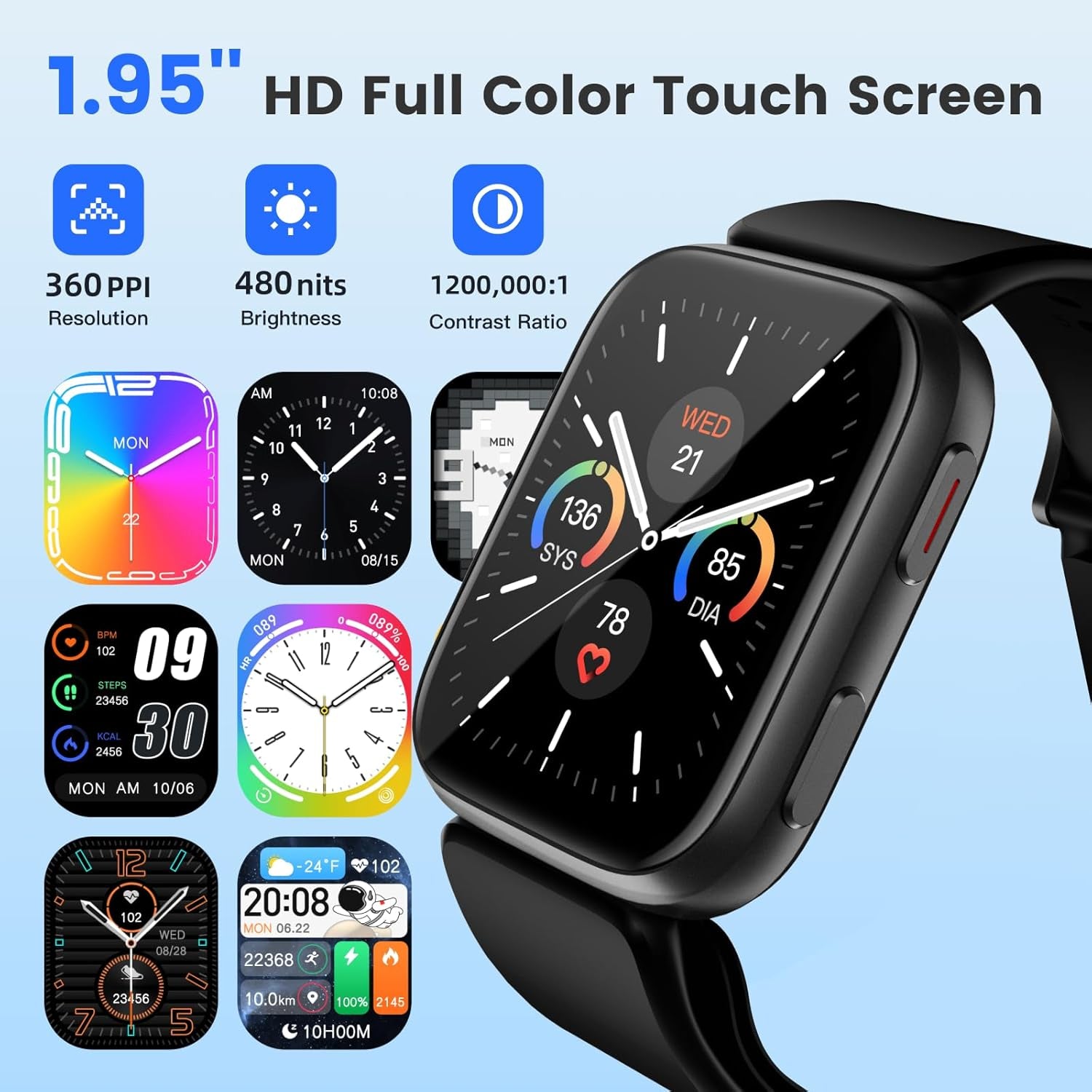 Blood Pressure Smart Watch, 1.95'' Blood Pressure Smartwatch with Air Pump Cuff, Blood Pressure Sleep Monitor Sports Tracking for Android Ios Supports Data Sharing, Reminder Monitoring