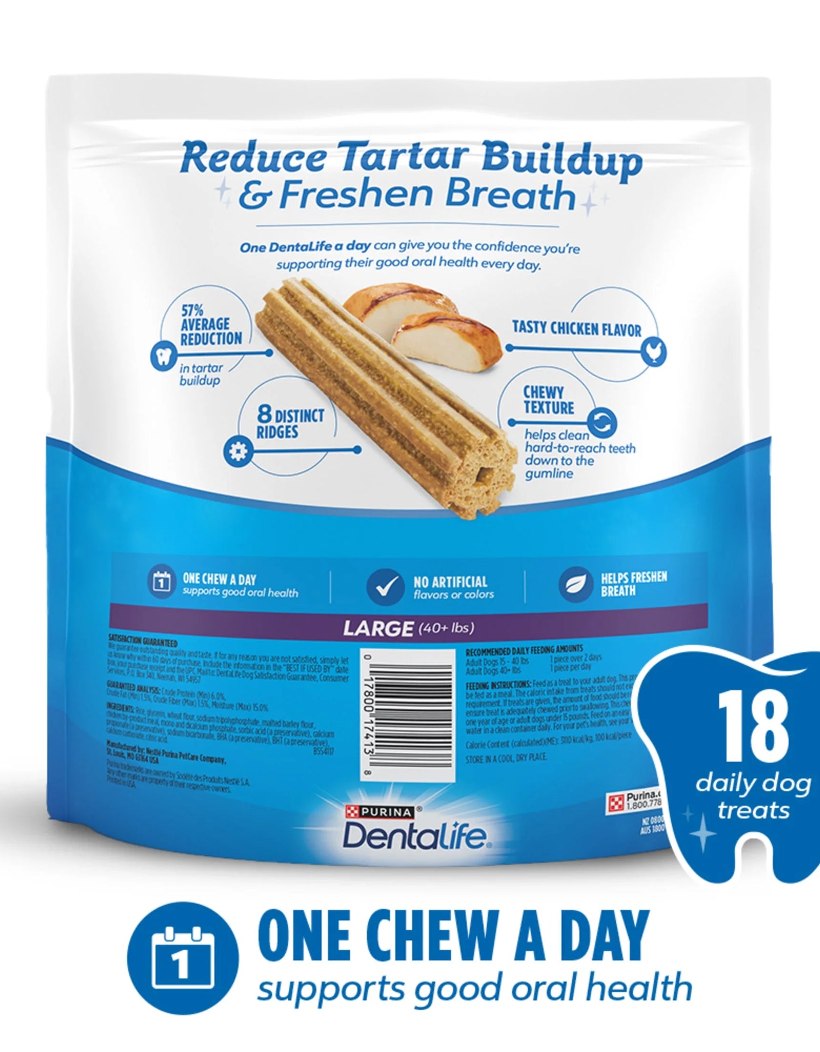 Purina  Daily Oral Care Large Dog Dental Treats with Chicken, 20.7 Oz Pouch (18 Count)