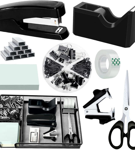 Black Desk Organizer Set, Office Supplies with Stapler and Tape Dispenser | Includes Desk Drawer Organizer,Tape, Staples, Staple Remover, Paper Clips, Scissors and Sticky Notes for a Neat Workspace