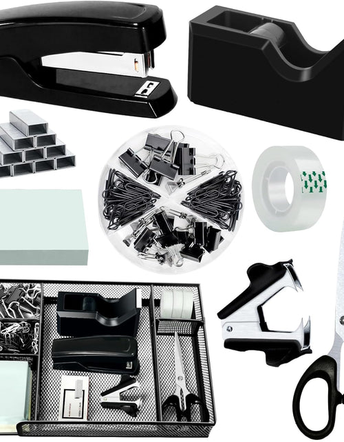 Load image into Gallery viewer, Black Desk Organizer Set, Office Supplies with Stapler and Tape Dispenser | Includes Desk Drawer Organizer,Tape, Staples, Staple Remover, Paper Clips, Scissors and Sticky Notes for a Neat Workspace
