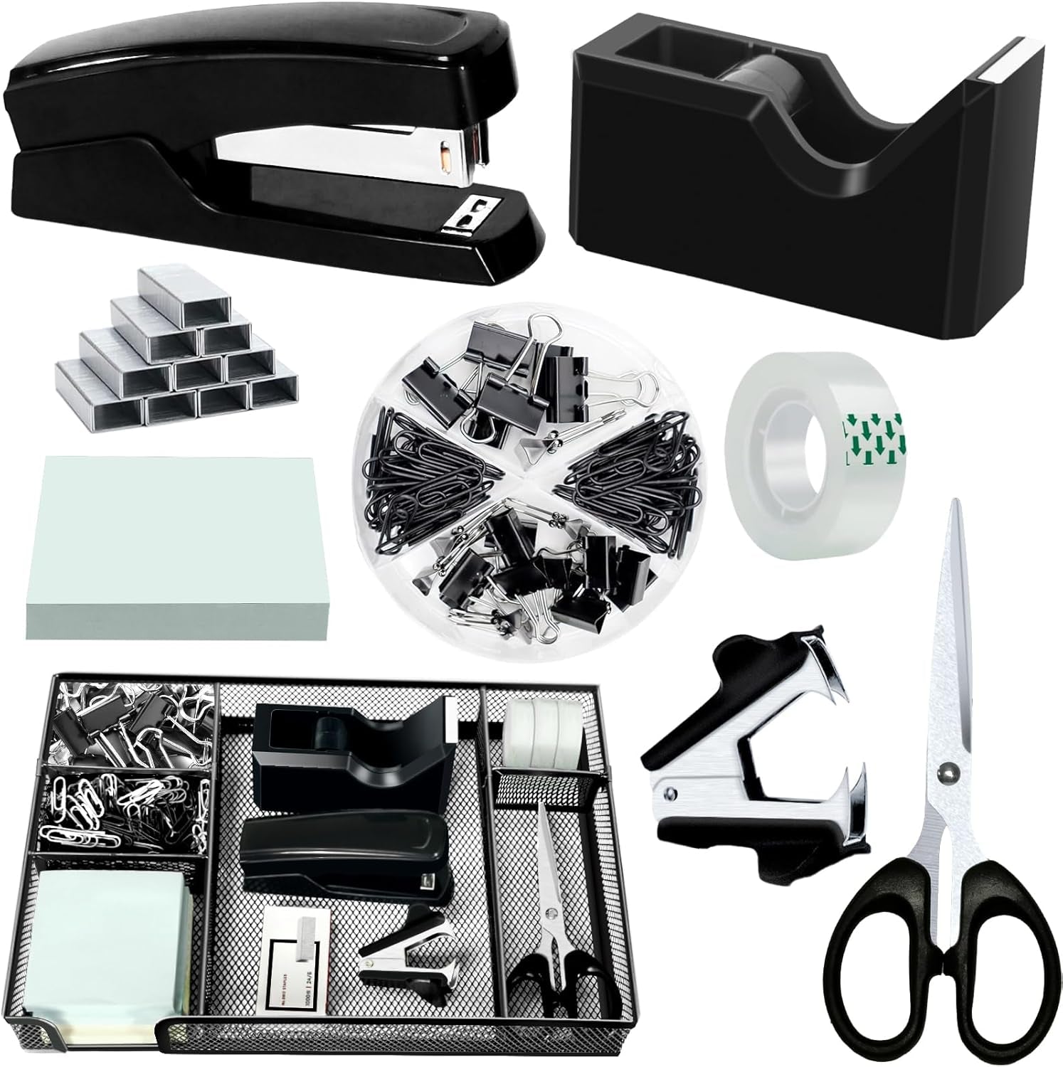 Black Desk Organizer Set, Office Supplies with Stapler and Tape Dispenser | Includes Desk Drawer Organizer,Tape, Staples, Staple Remover, Paper Clips, Scissors and Sticky Notes for a Neat Workspace