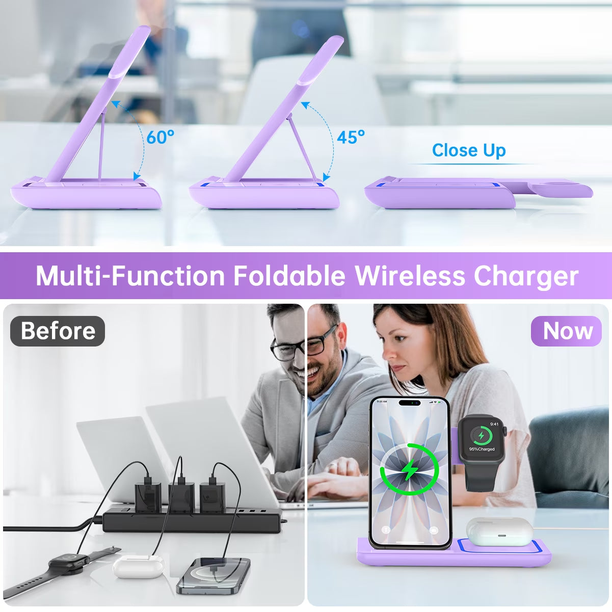 Wireless Charging Station, 3 in 1 Wireless Charger for Iphone 17/16/15/14/13/12/11/Pro/Pro Max/Xs, 18W Charging Dock for Iwatch Series 11 10 9 8 7 6 5 4 3 2, Airpods 4/3/2/Pro(Purple)