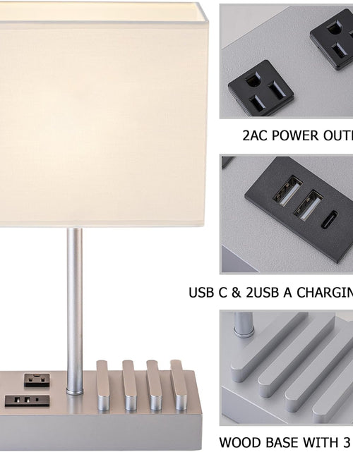 Load image into Gallery viewer, Desk Lamp with 3 USB Charging Ports, Table Lamp with 2AC Outlets and 3 Phone Stands, Nightstand Bedside Lamp with Natural Wooden Base and Cream Linen Shade
