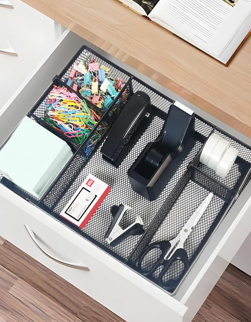 Load image into Gallery viewer, Black Desk Organizer Set, Office Supplies with Stapler and Tape Dispenser | Includes Desk Drawer Organizer,Tape, Staples, Staple Remover, Paper Clips, Scissors and Sticky Notes for a Neat Workspace

