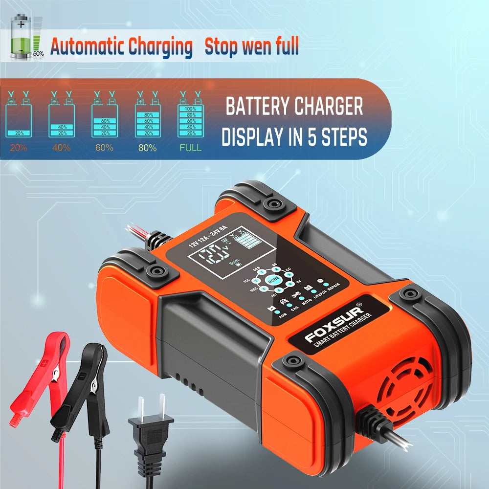 Smart Car Battery Charger 12Volt 12Amp or 24V 5A Motorcycle Truck Boat Lithium Lifepo4 AGM GEL WET Lead Acid Maintainer