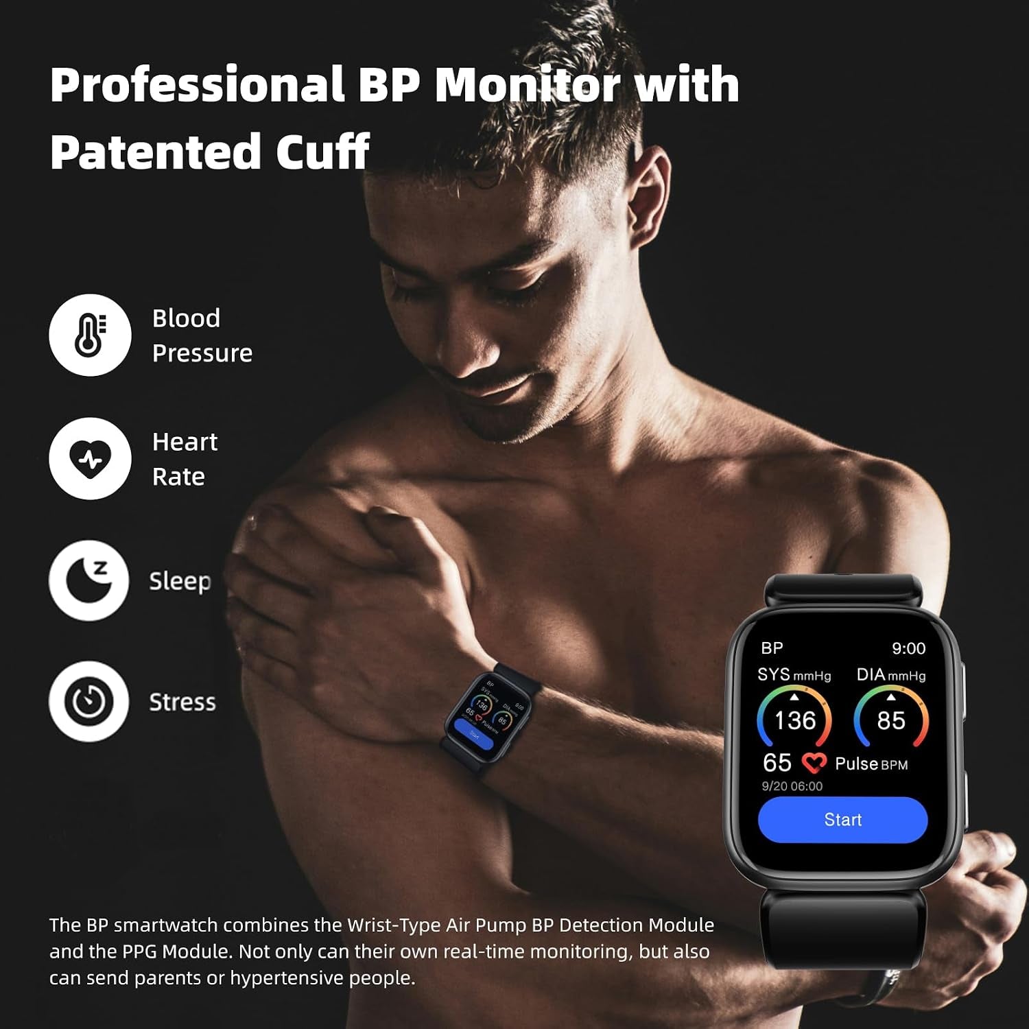Blood Pressure Smart Watch, 1.95'' Blood Pressure Smartwatch with Air Pump Cuff, Blood Pressure Sleep Monitor Sports Tracking for Android Ios Supports Data Sharing, Reminder Monitoring