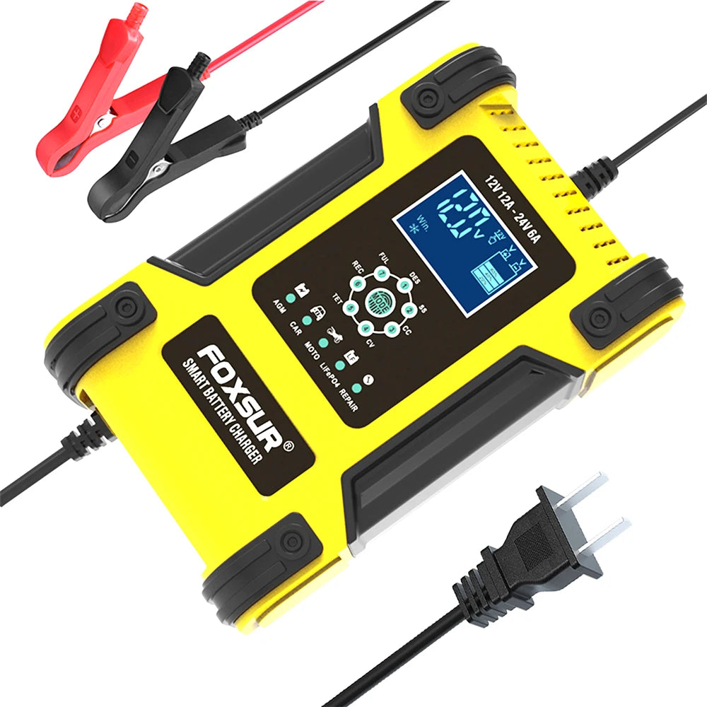 Smart Car Battery Charger 12Volt 12Amp or 24V 5A Motorcycle Truck Boat Lithium Lifepo4 AGM GEL WET Lead Acid Maintainer