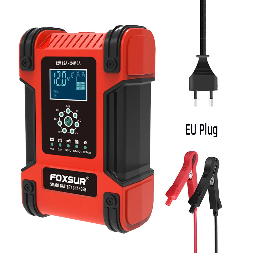 Smart Car Battery Charger 12Volt 12Amp or 24V 5A Motorcycle Truck Boat Lithium Lifepo4 AGM GEL WET Lead Acid Maintainer
