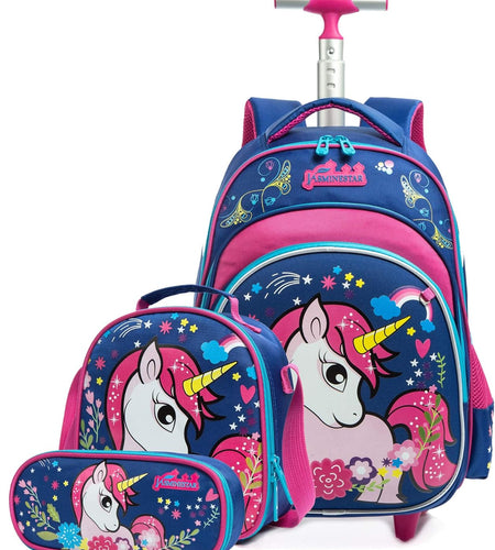 Girls Unicorn Rolling Backpacks Kids Backpack with Wheels for Girls School Bags with Lunch Box