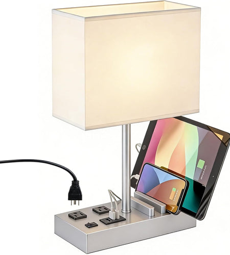 Desk Lamp with 3 USB Charging Ports, Table Lamp with 2AC Outlets and 3 Phone Stands, Nightstand Bedside Lamp with Natural Wooden Base and Cream Linen Shade