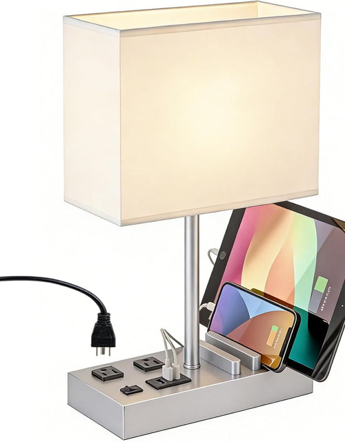 Load image into Gallery viewer, Desk Lamp with 3 USB Charging Ports, Table Lamp with 2AC Outlets and 3 Phone Stands, Nightstand Bedside Lamp with Natural Wooden Base and Cream Linen Shade
