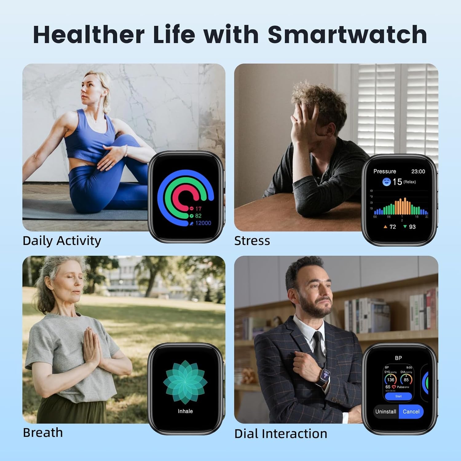 Blood Pressure Smart Watch, 1.95'' Blood Pressure Smartwatch with Air Pump Cuff, Blood Pressure Sleep Monitor Sports Tracking for Android Ios Supports Data Sharing, Reminder Monitoring