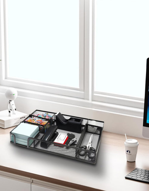 Load image into Gallery viewer, Black Desk Organizer Set, Office Supplies with Stapler and Tape Dispenser | Includes Desk Drawer Organizer,Tape, Staples, Staple Remover, Paper Clips, Scissors and Sticky Notes for a Neat Workspace
