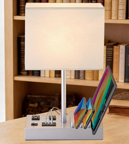 Desk Lamp with 3 USB Charging Ports, Table Lamp with 2AC Outlets and 3 Phone Stands, Nightstand Bedside Lamp with Natural Wooden Base and Cream Linen Shade