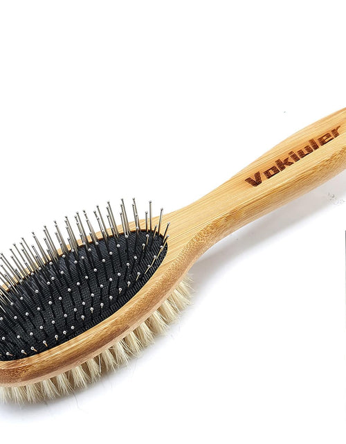 Load image into Gallery viewer, Dog Brush Cat Brush,  Double Sided Bristle and Pin Pet Brush for Dog Grooming, Real Boar Bristle Shedding Brush with Bamboo Handle for Long Short Hair, 2 Pack Dog Comb, White
