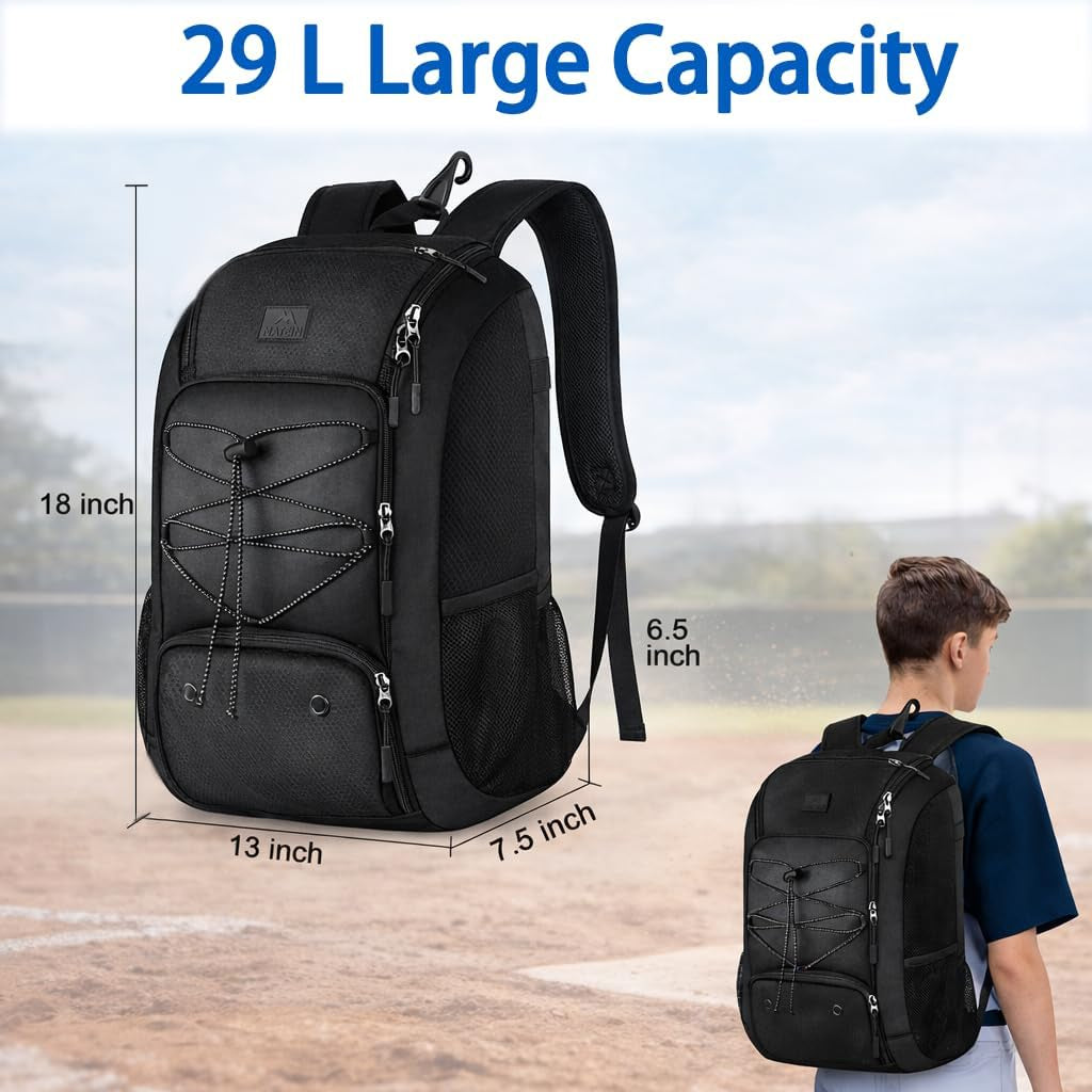 Youth Baseball Backpack, Softball Bat Bag with Shoes Compartment | Lightweight Baseball Bag for Boys and Adult, Fence Hook Hold Tball Bat, Batting Mitten, Helmet, Caps, Teeball Gear Equipment