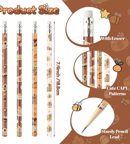 CAPY Pencils with Eraser - Cute CAPY #2 HB Pencils, School Classroom Student Rewards Back to School Office Supply Animal Print Goodie Bag Fillers Stuffers Birthday Party Favors