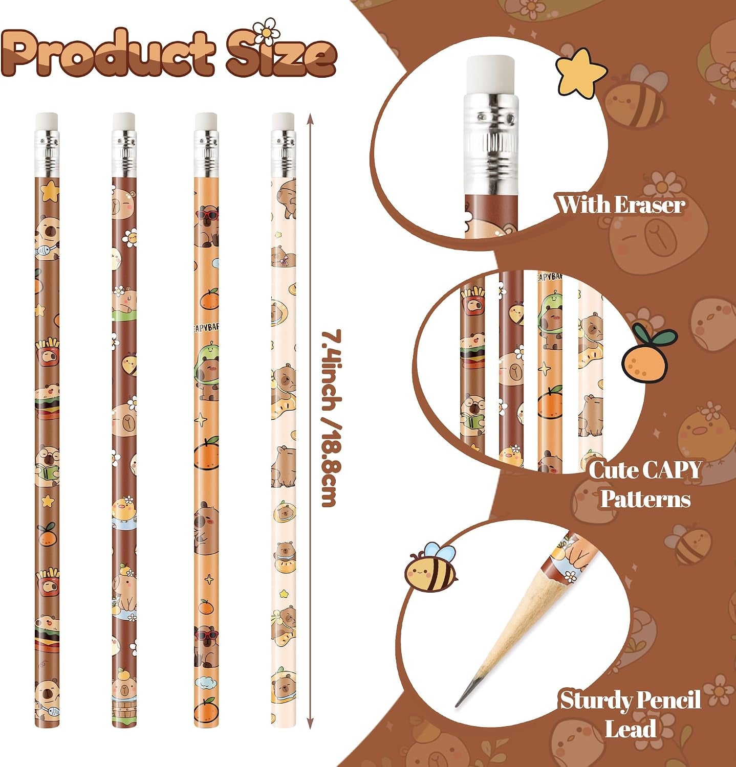 CAPY Pencils with Eraser - Cute CAPY #2 HB Pencils, School Classroom Student Rewards Back to School Office Supply Animal Print Goodie Bag Fillers Stuffers Birthday Party Favors