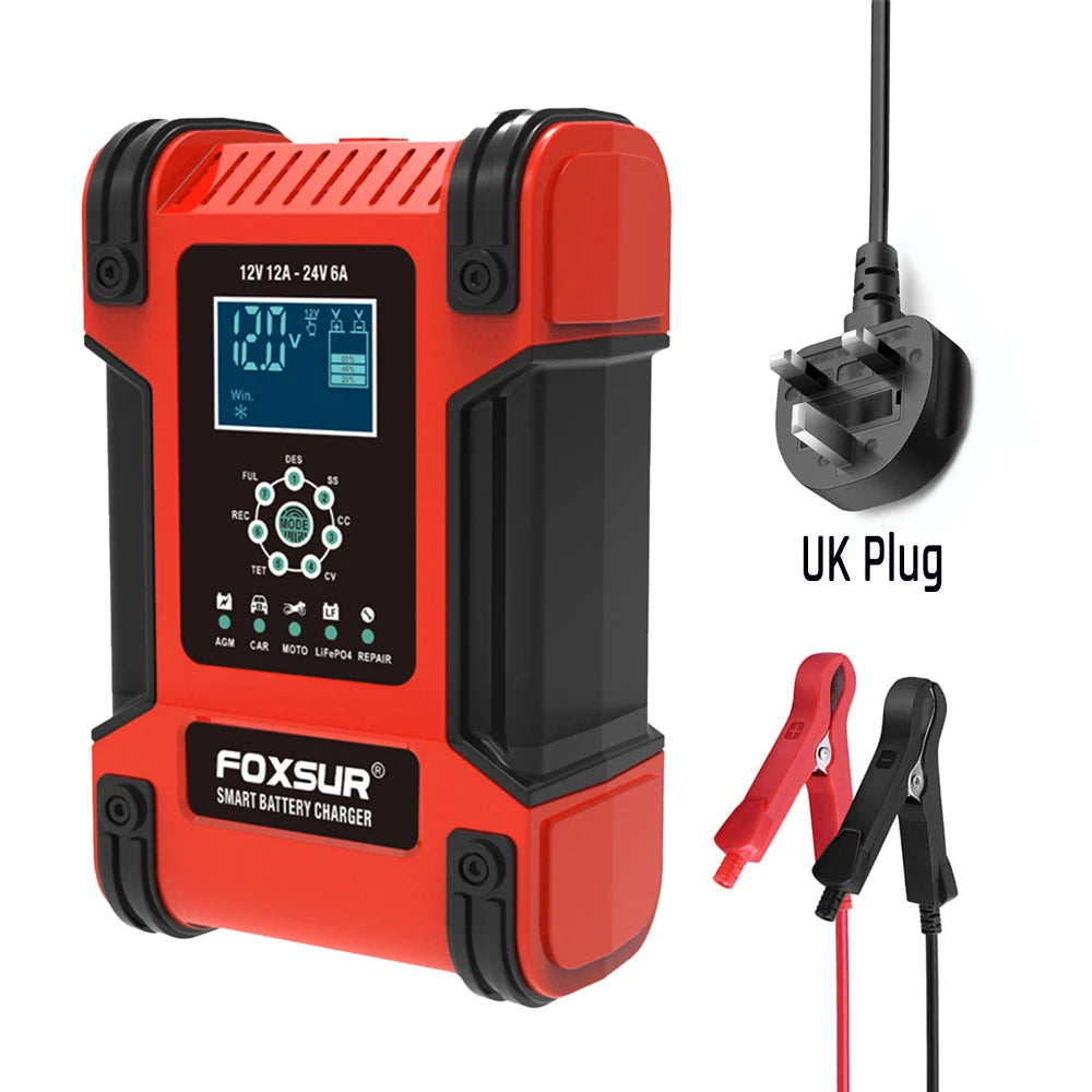 Smart Car Battery Charger 12Volt 12Amp or 24V 5A Motorcycle Truck Boat Lithium Lifepo4 AGM GEL WET Lead Acid Maintainer
