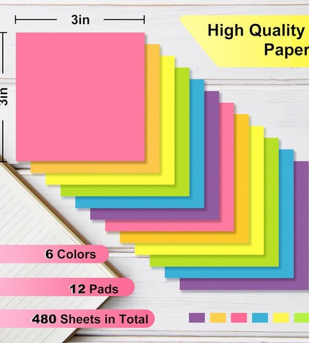 Sticky Notes - 12 Pads, 3”X3” - Colorful Self-Stick Post Notes Bulk - Office Desk Accessories | Teacher Classroom Must Haves,Aesthetic School Supplies for Home,Back to School Essential