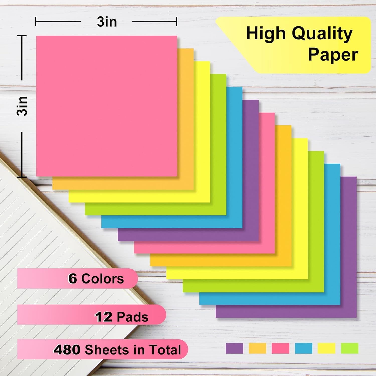 Sticky Notes - 12 Pads, 3”X3” - Colorful Self-Stick Post Notes Bulk - Office Desk Accessories | Teacher Classroom Must Haves,Aesthetic School Supplies for Home,Back to School Essential