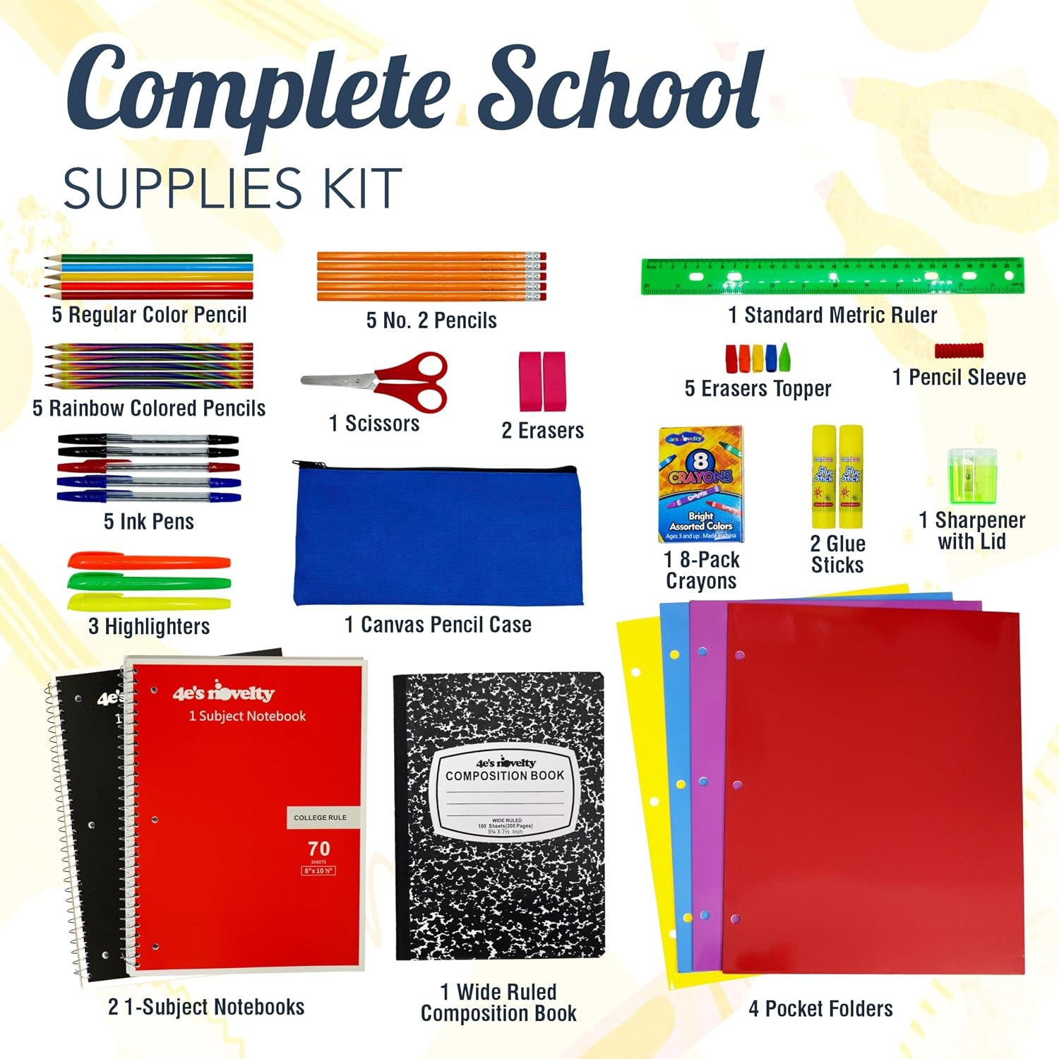 52 Pieces Schools Supplies Kit for K1-8 Back to School Supply Box with Essential Student Kits, School Supply Bundle Middle Elementary Schools Supplies Kit Grades 1 2 3 4 5 6 7 8