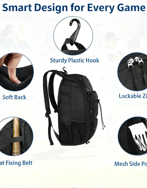 Load image into Gallery viewer, Youth Baseball Backpack, Softball Bat Bag with Shoes Compartment | Lightweight Baseball Bag for Boys and Adult, Fence Hook Hold Tball Bat, Batting Mitten, Helmet, Caps, Teeball Gear Equipment

