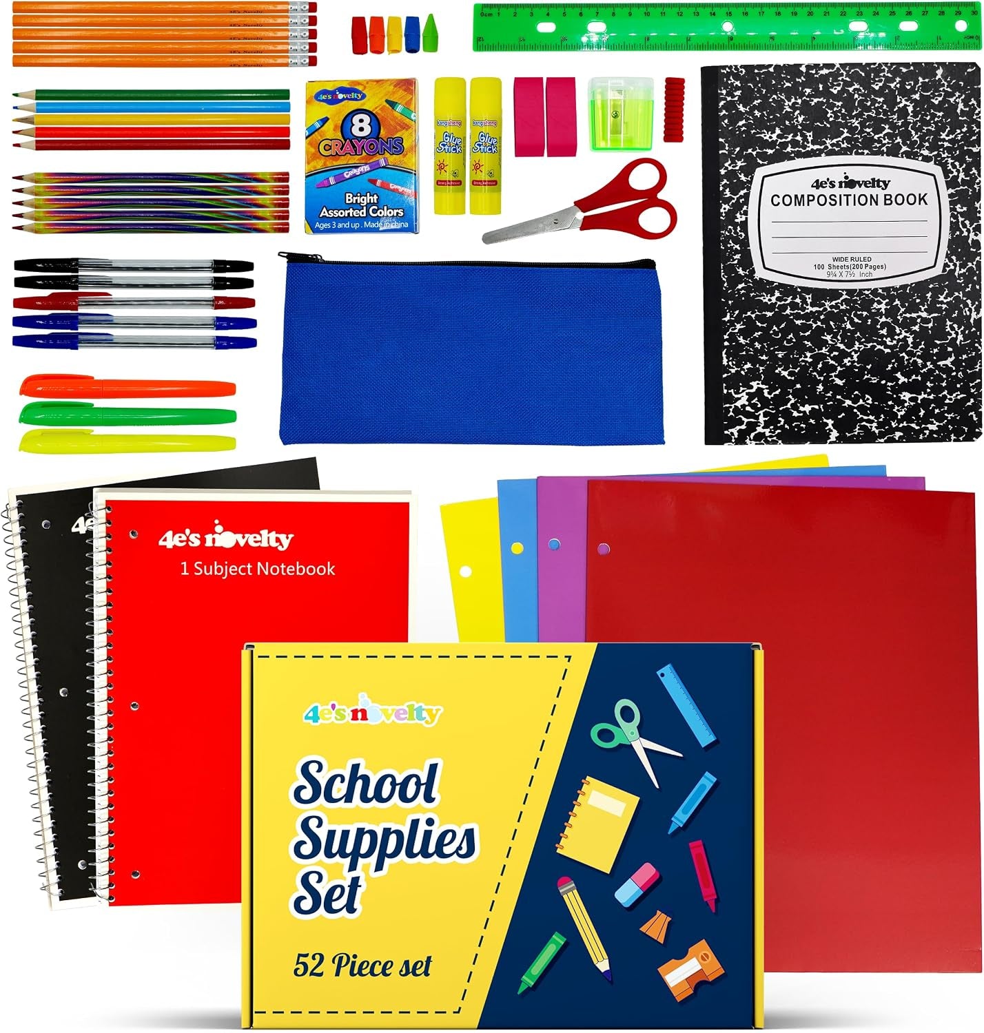 52 Pieces Schools Supplies Kit for K1-8 Back to School Supply Box with Essential Student Kits, School Supply Bundle Middle Elementary Schools Supplies Kit Grades 1 2 3 4 5 6 7 8