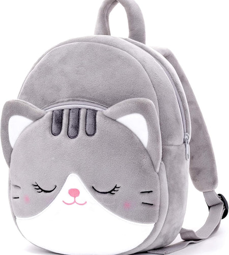 Cat Toddler Backpack Plush Backpack Toddler Girls Backpack Cat Animal Kids Backpacks for Girls Kitty Plush Backpack for Baby Girls Gray 11-Inch | Soft Plush Material, Lightweight Design, Dual-Zipper Storage, Adjustable Straps for Kindergarten, Preschool