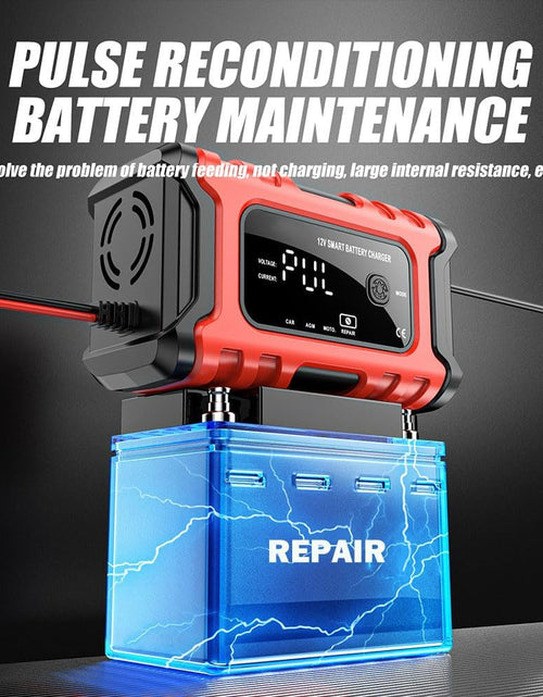 Load image into Gallery viewer, 12V 6-Amp Battery Charger, Smart Trickle Charger Maintainer, Battery Repair | Battery Desulfator, Temperature Compensation, Multi-Protection for Car Truck Motorcycle Lawn Mower Marine Lead Acid Batteries
