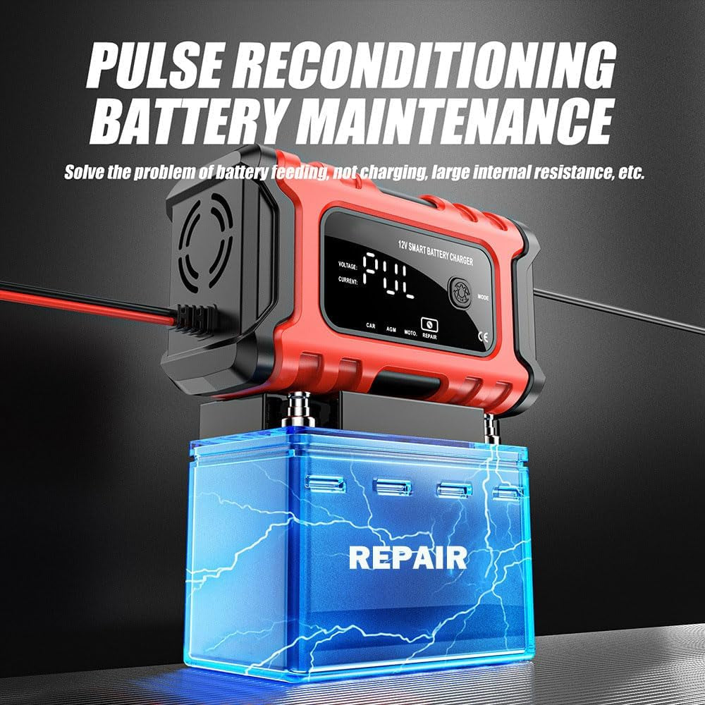 12V 6-Amp Battery Charger, Smart Trickle Charger Maintainer, Battery Repair | Battery Desulfator, Temperature Compensation, Multi-Protection for Car Truck Motorcycle Lawn Mower Marine Lead Acid Batteries