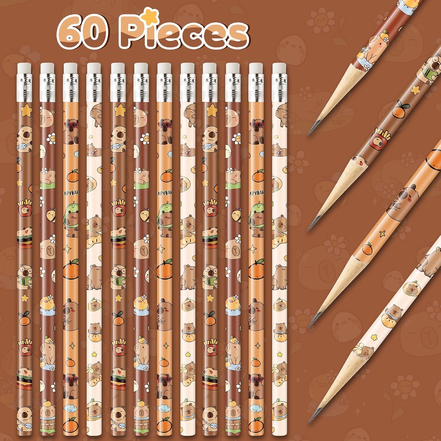 CAPY Pencils with Eraser - Cute CAPY #2 HB Pencils, School Classroom Student Rewards Back to School Office Supply Animal Print Goodie Bag Fillers Stuffers Birthday Party Favors