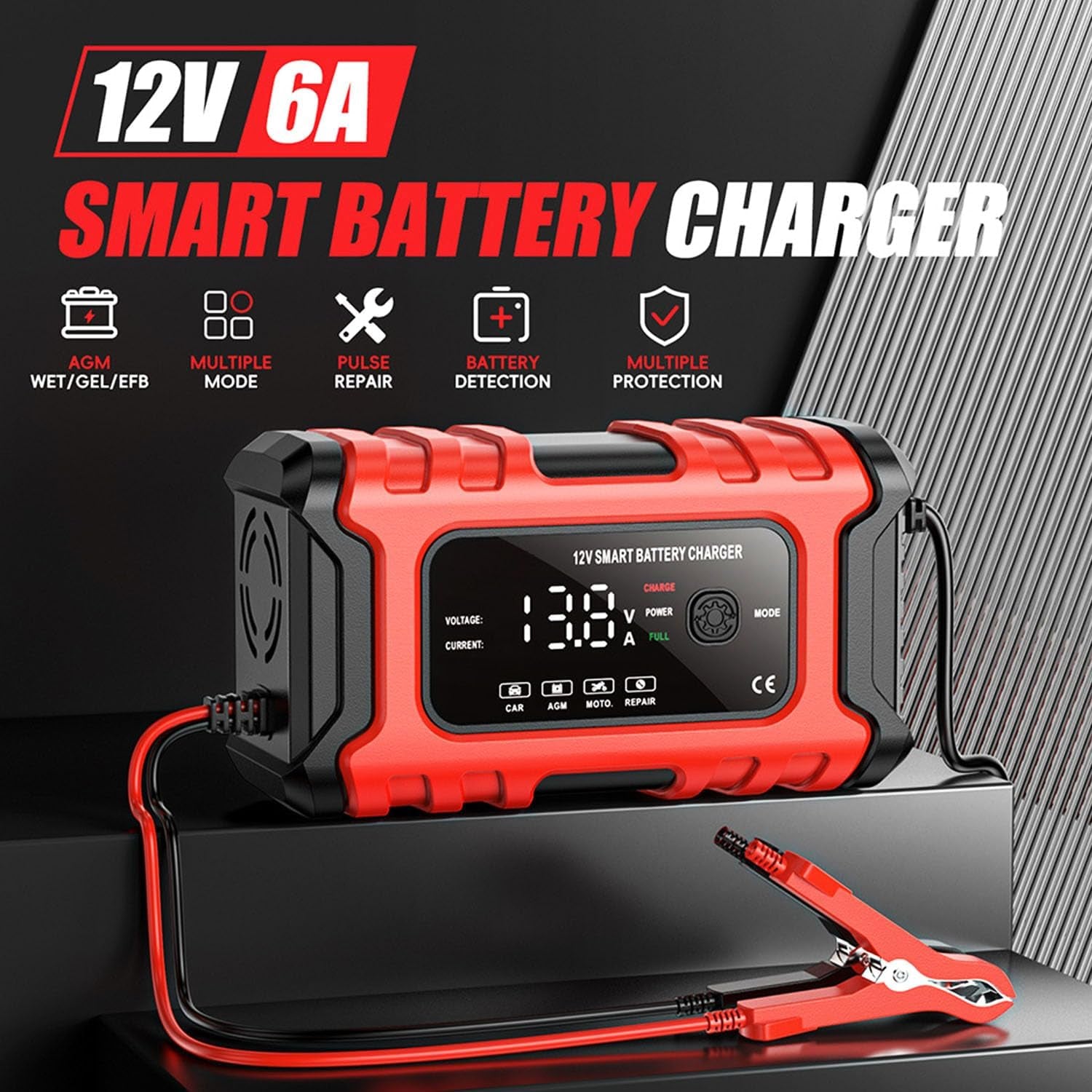 12V 6-Amp Battery Charger, Smart Trickle Charger Maintainer, Battery Repair | Battery Desulfator, Temperature Compensation, Multi-Protection for Car Truck Motorcycle Lawn Mower Marine Lead Acid Batteries