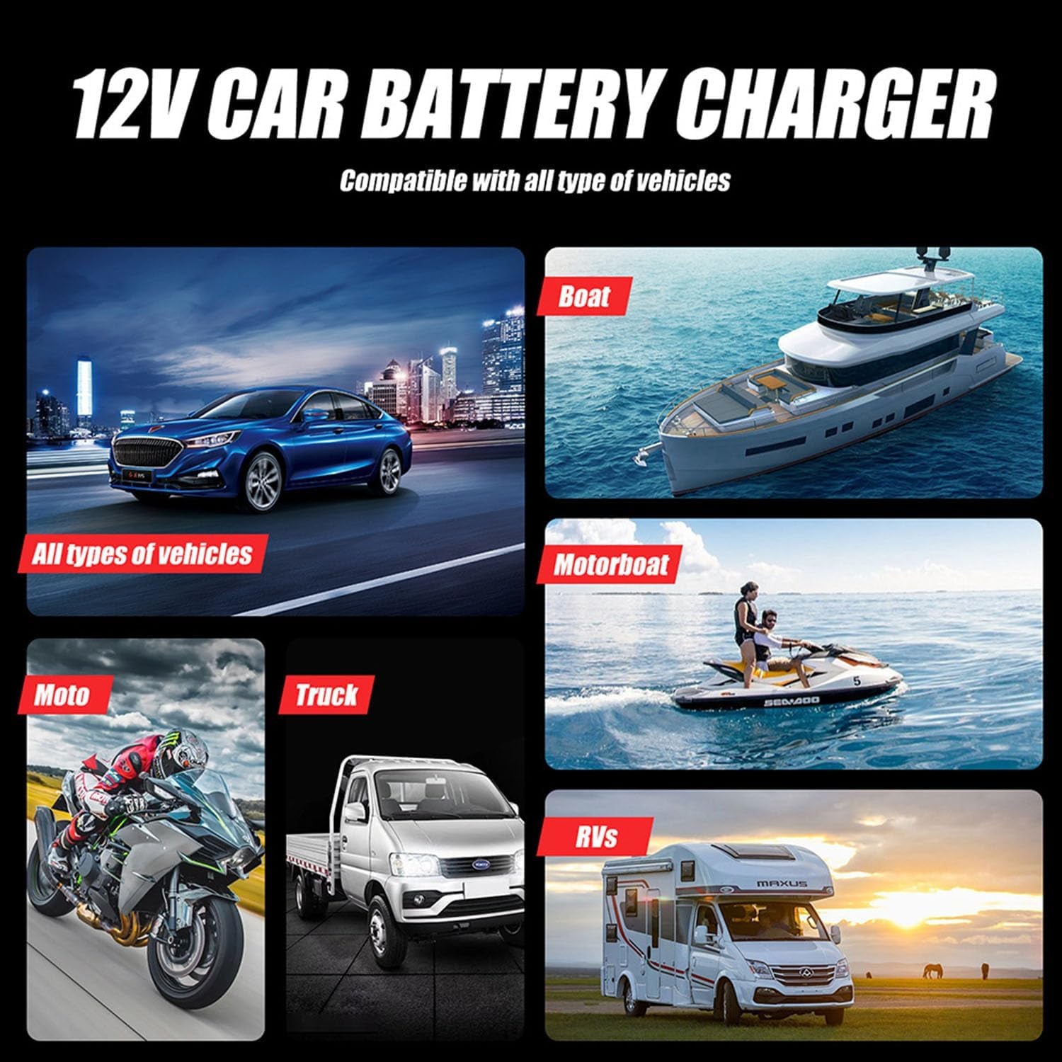 12V 6-Amp Battery Charger, Smart Trickle Charger Maintainer, Battery Repair | Battery Desulfator, Temperature Compensation, Multi-Protection for Car Truck Motorcycle Lawn Mower Marine Lead Acid Batteries