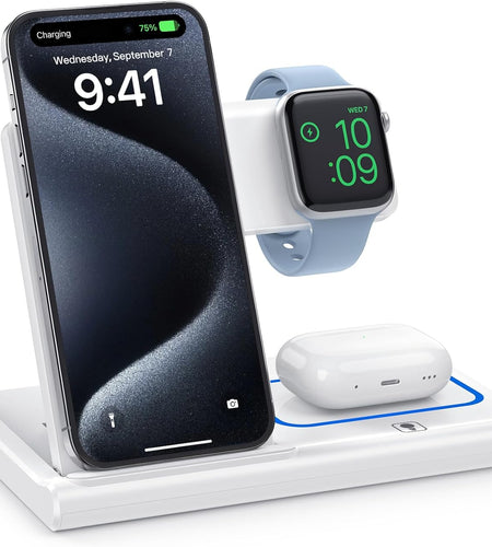 3 in 1 Fast Charging Station, Folding Travel Wireless Charger Stand for Iphone 15,14,13,12,11/Pro/Max/Plus,X,Xr,Xs/Max,Se,8/Plus,Apple Watch 1-8,Airpods 3/2/Pro(No Adaptor，White)