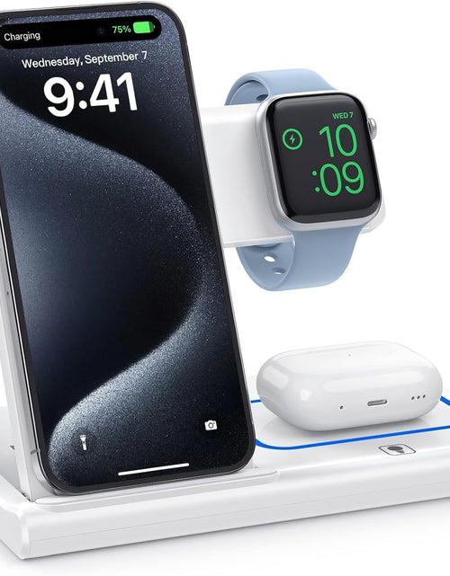 Load image into Gallery viewer, 3 in 1 Fast Charging Station, Folding Travel Wireless Charger Stand for Iphone 15,14,13,12,11/Pro/Max/Plus,X,Xr,Xs/Max,Se,8/Plus,Apple Watch 1-8,Airpods 3/2/Pro(No Adaptor，White)
