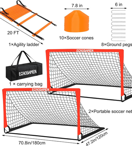 Kids Soccer Goals for Backyard, 2 of 6 X 4 Ft Kids Soccer Goal Set Soccer Net with 10 Soccer Cones, Agility Ladder & Carry Bag, Portable Soccer Training Equipment.