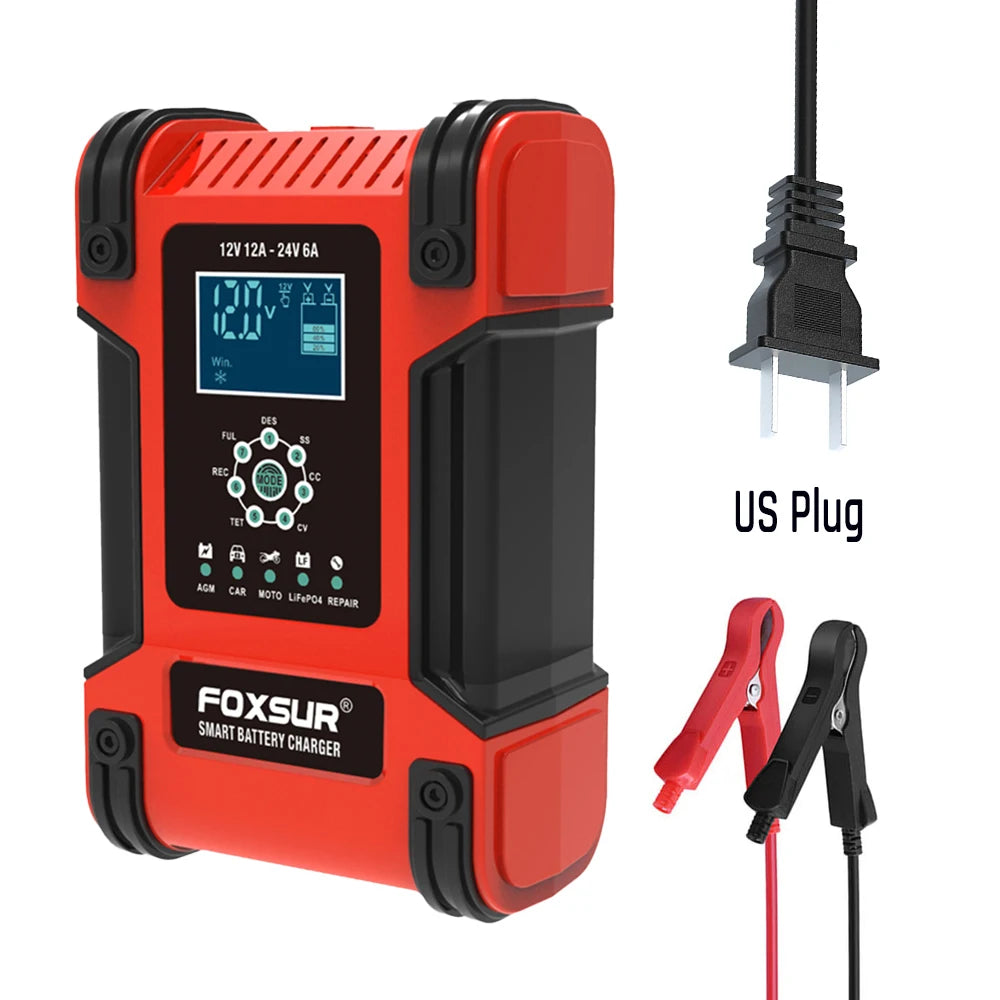 Smart Car Battery Charger 12Volt 12Amp or 24V 5A Motorcycle Truck Boat Lithium Lifepo4 AGM GEL WET Lead Acid Maintainer