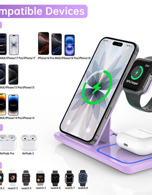 Load image into Gallery viewer, Wireless Charging Station, 3 in 1 Wireless Charger for Iphone 17/16/15/14/13/12/11/Pro/Pro Max/Xs, 18W Charging Dock for Iwatch Series 11 10 9 8 7 6 5 4 3 2, Airpods 4/3/2/Pro(Purple)
