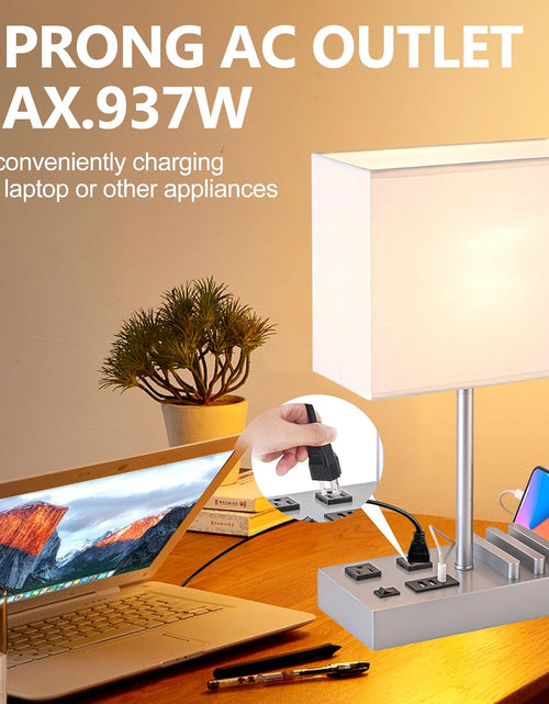 Load image into Gallery viewer, Desk Lamp with 3 USB Charging Ports, Table Lamp with 2AC Outlets and 3 Phone Stands, Nightstand Bedside Lamp with Natural Wooden Base and Cream Linen Shade
