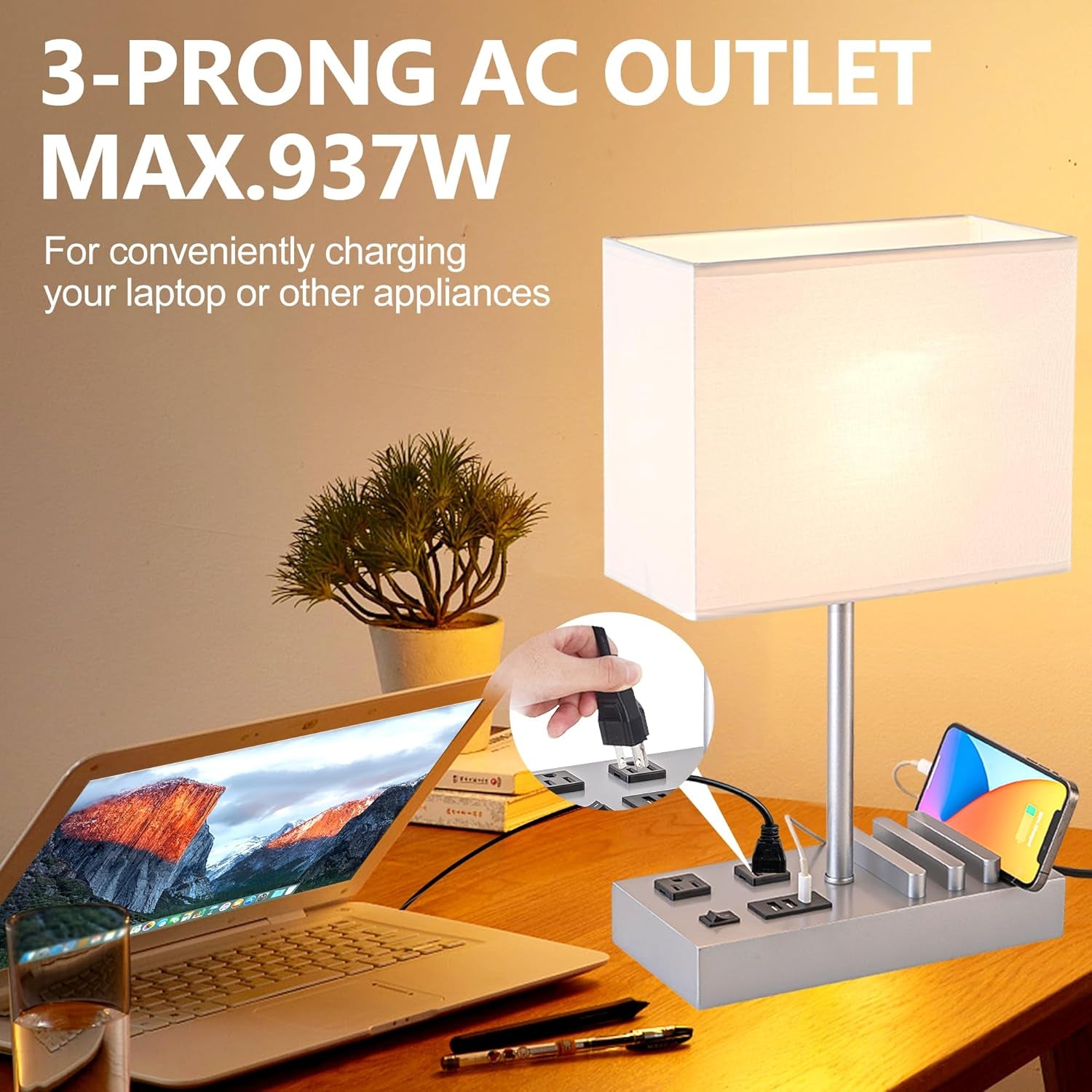 Desk Lamp with 3 USB Charging Ports, Table Lamp with 2AC Outlets and 3 Phone Stands, Nightstand Bedside Lamp with Natural Wooden Base and Cream Linen Shade