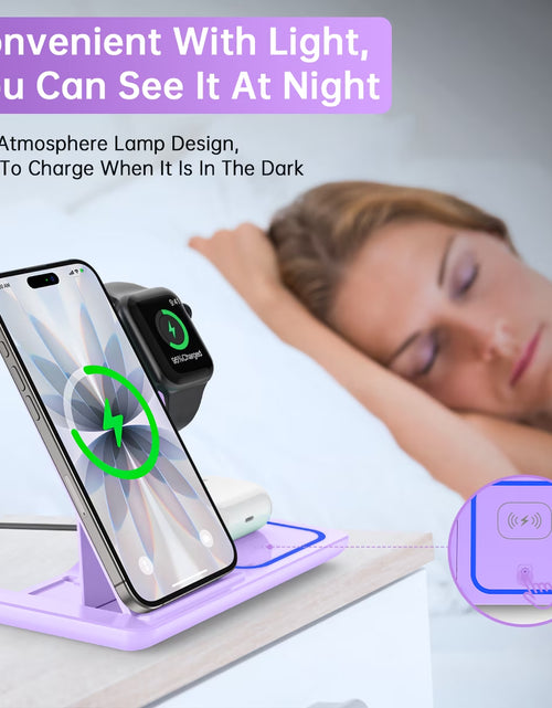 Load image into Gallery viewer, Wireless Charging Station, 3 in 1 Wireless Charger for Iphone 17/16/15/14/13/12/11/Pro/Pro Max/Xs, 18W Charging Dock for Iwatch Series 11 10 9 8 7 6 5 4 3 2, Airpods 4/3/2/Pro(Purple)
