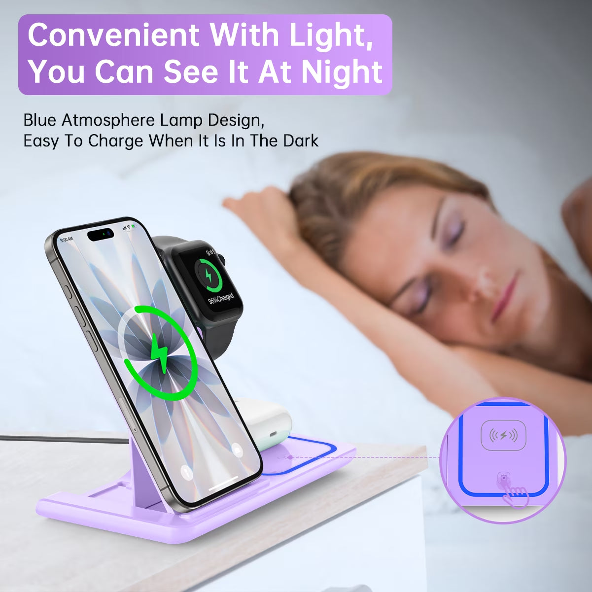 Wireless Charging Station, 3 in 1 Wireless Charger for Iphone 17/16/15/14/13/12/11/Pro/Pro Max/Xs, 18W Charging Dock for Iwatch Series 11 10 9 8 7 6 5 4 3 2, Airpods 4/3/2/Pro(Purple)