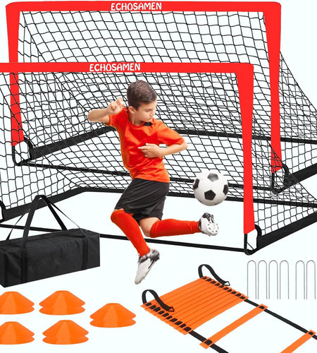 Kids Soccer Goals for Backyard, 2 of 6 X 4 Ft Kids Soccer Goal Set Soccer Net with 10 Soccer Cones, Agility Ladder & Carry Bag, Portable Soccer Training Equipment.