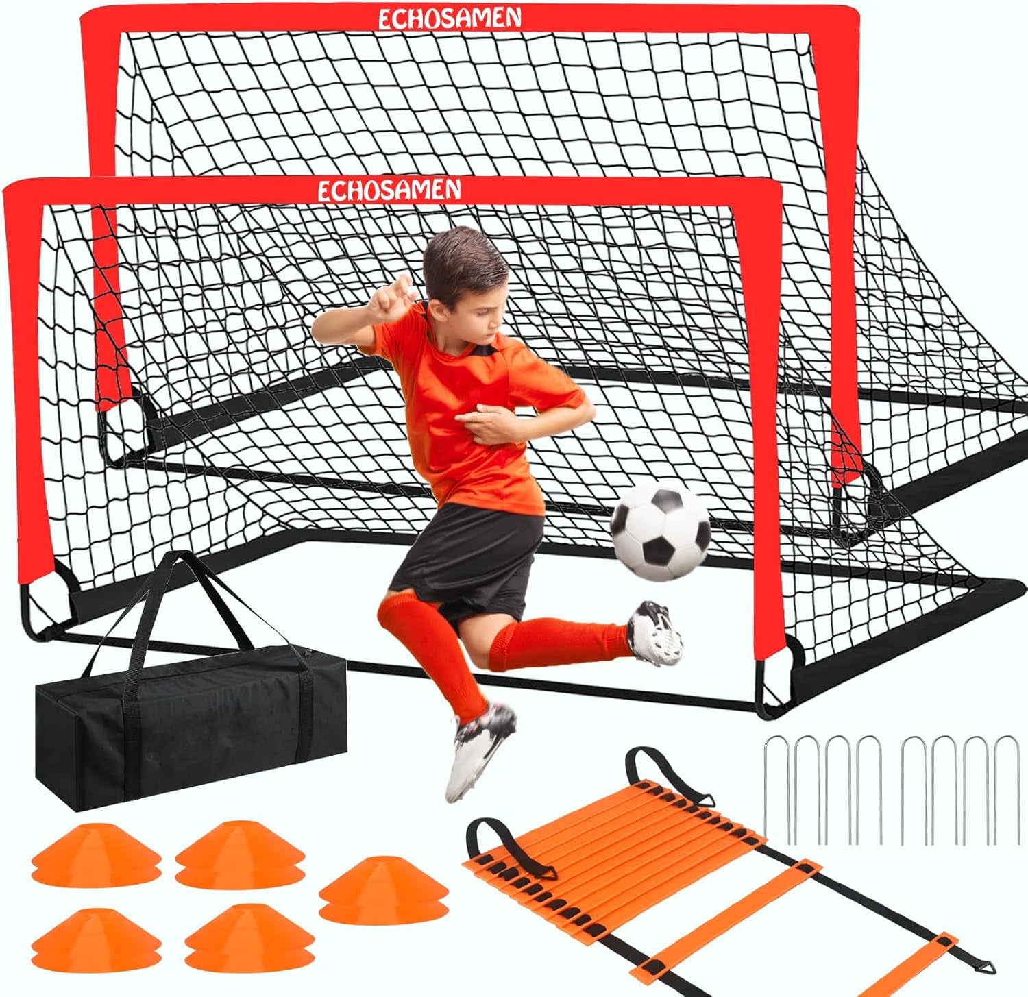Kids Soccer Goals for Backyard, 2 of 6 X 4 Ft Kids Soccer Goal Set Soccer Net with 10 Soccer Cones, Agility Ladder & Carry Bag, Portable Soccer Training Equipment.