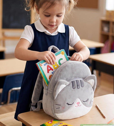 Cat Toddler Backpack Plush Backpack Toddler Girls Backpack Cat Animal Kids Backpacks for Girls Kitty Plush Backpack for Baby Girls Gray 11-Inch | Soft Plush Material, Lightweight Design, Dual-Zipper Storage, Adjustable Straps for Kindergarten, Preschool